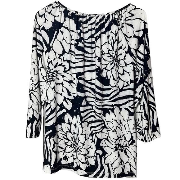Rebecca Malone Women’s Black and White Shimmer Stretch 3/4 Sleeve Print Blouse - Picture 1 of 13